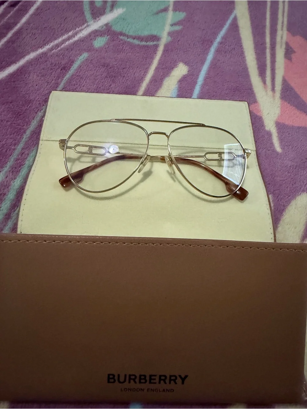 Burberry Men’s Gold Metal Aviator Glasses with Brown Temple Tips